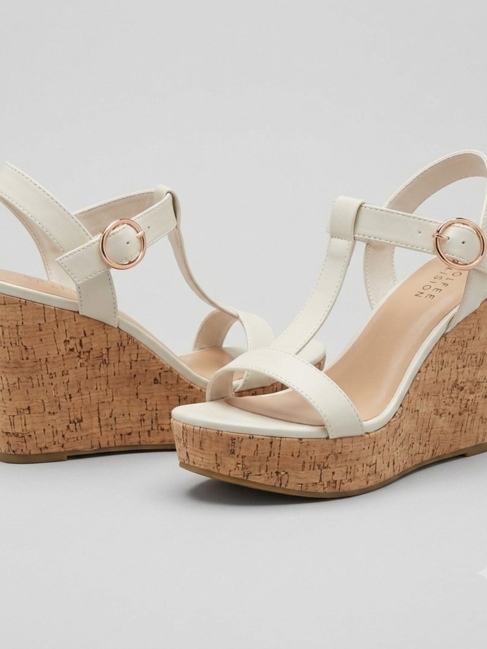 NIB Journee Collection Matildaa Bone Cork Wedge T-Strap Sandals Size 10